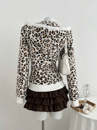 Elamini 1pc Black & White Casual Cute Contrast Color Flannel Thermal Lined Printed Leopard Heart Zip-Up Soft Sweatshirt Jacket For Women, Back To School Season - Image 68