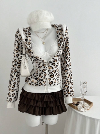 Elamini 1pc Black & White Casual Cute Contrast Color Flannel Thermal Lined Printed Leopard Heart Zip-Up Soft Sweatshirt Jacket For Women, Back To School Season - Image 69