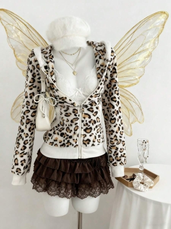 Elamini 1pc Black & White Casual Cute Contrast Color Flannel Thermal Lined Printed Leopard Heart Zip-Up Soft Sweatshirt Jacket For Women, Back To School Season - Image 71