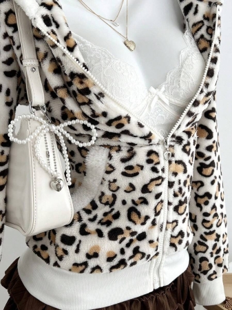 Elamini 1pc Black & White Casual Cute Contrast Color Flannel Thermal Lined Printed Leopard Heart Zip-Up Soft Sweatshirt Jacket For Women, Back To School Season - Image 72