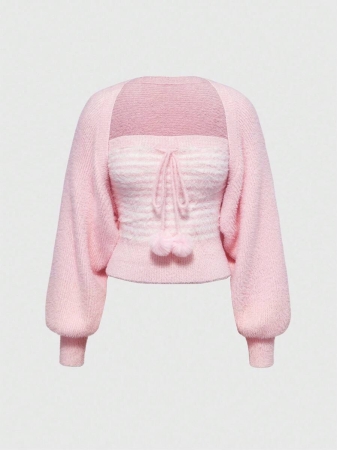 ROMWE Kawaii 2pcs/Set Autumn/Winter Versatile White Aesthetic Sweet Girl Tube Top & Lantern Sleeve Sweater - Image 2