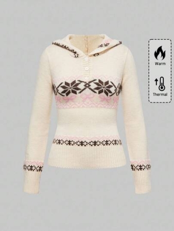 ROMWE Avant Vintage Y2K Fair Isle Bowknot Fitted Hooded Sweater For Women