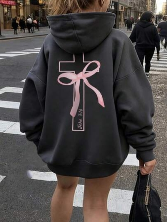 Women's Casual Graphic Print Loose Fit Hooded Sweatshirt With Thermal Lining, Fashion Winter