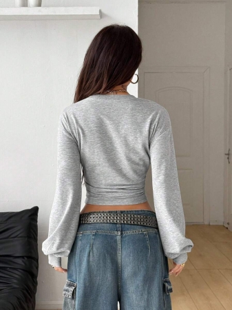 Coolane WomenS Fall/Winter Back To School Basic Solid Color Pleated Asymmetrical Neck Long Sleeve Pullover Sweatshirt - Image 5