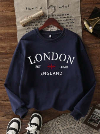 Women's Casual Crew Neck Sweatshirt With Stylish Color Blocking And English Graphic Print, Versatile For Daily Wear, Autumn/Winter - Image 3