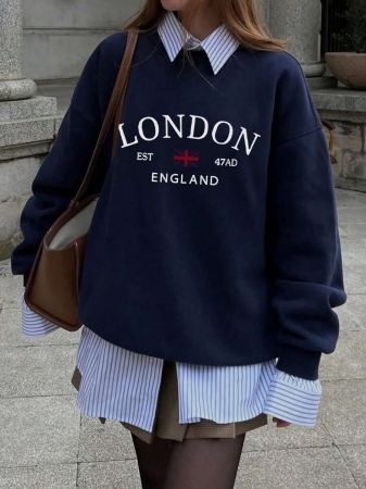 Women's Casual Crew Neck Sweatshirt With Stylish Color Blocking And English Graphic Print, Versatile For Daily Wear, Autumn/Winter - Image 8