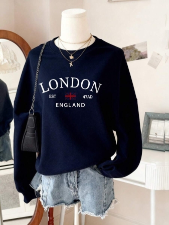 Women's Casual Crew Neck Sweatshirt With Stylish Color Blocking And English Graphic Print, Versatile For Daily Wear, Autumn/Winter - Image 9