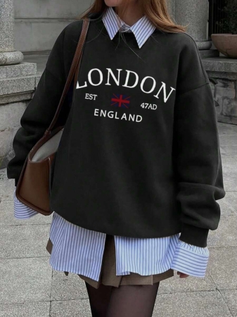 Women's Casual Crew Neck Sweatshirt With Stylish Color Blocking And English Graphic Print, Versatile For Daily Wear, Autumn/Winter - Image 17