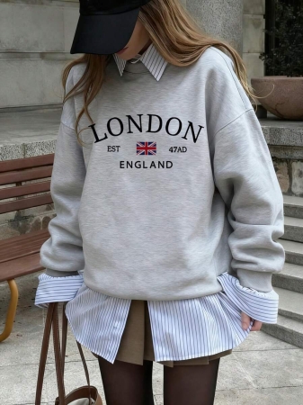 Women's Casual Crew Neck Sweatshirt With Stylish Color Blocking And English Graphic Print, Versatile For Daily Wear, Autumn/Winter - Image 25