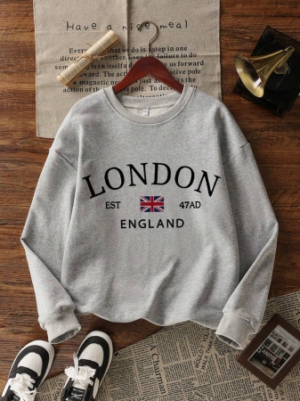 Women's Casual Crew Neck Sweatshirt With Stylish Color Blocking And English Graphic Print, Versatile For Daily Wear, Autumn/Winter - Image 26