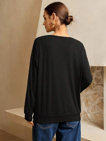 SHEIN LUNE Women's Contrast Color Crossed Neckline Drop Shoulder Long Sleeve Casual Sweatshirt Fall Cloth For Women - Image 3