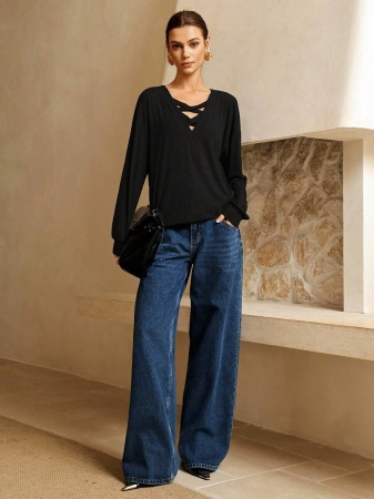 SHEIN LUNE Women's Contrast Color Crossed Neckline Drop Shoulder Long Sleeve Casual Sweatshirt Fall Cloth For Women - Image 4