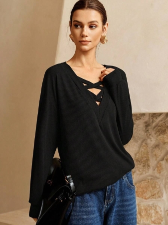 SHEIN LUNE Women's Contrast Color Crossed Neckline Drop Shoulder Long Sleeve Casual Sweatshirt Fall Cloth For Women - Image 5