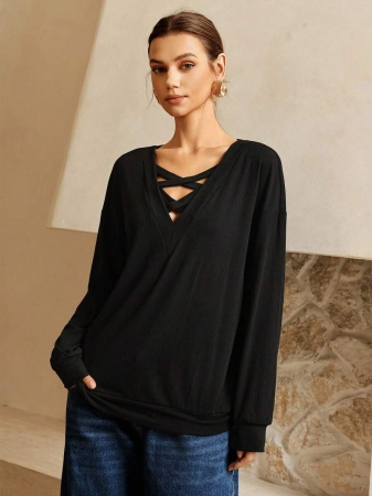 SHEIN LUNE Women's Contrast Color Crossed Neckline Drop Shoulder Long Sleeve Casual Sweatshirt Fall Cloth For Women - Image 6