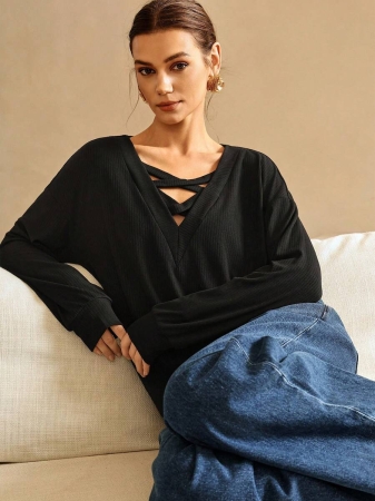 SHEIN LUNE Women's Contrast Color Crossed Neckline Drop Shoulder Long Sleeve Casual Sweatshirt Fall Cloth For Women - Image 7
