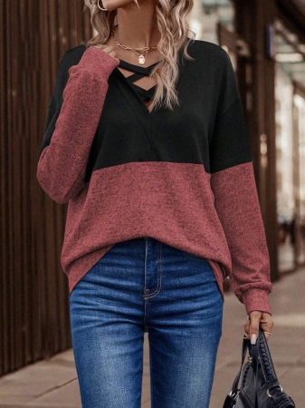 SHEIN LUNE Women's Contrast Color Crossed Neckline Drop Shoulder Long Sleeve Casual Sweatshirt Fall Cloth For Women - Image 14