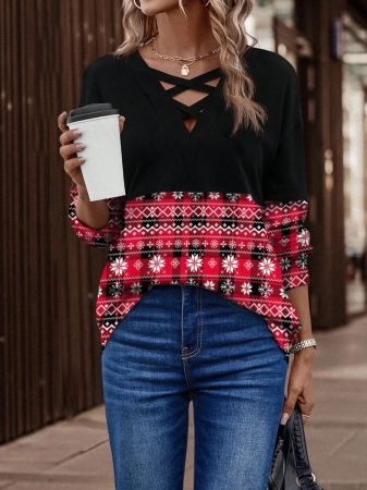 SHEIN LUNE Women's Contrast Color Crossed Neckline Drop Shoulder Long Sleeve Casual Sweatshirt Fall Cloth For Women - Image 19