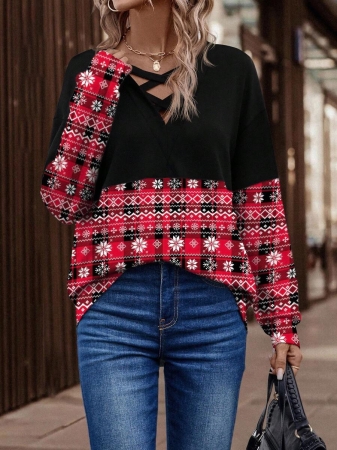 SHEIN LUNE Women's Contrast Color Crossed Neckline Drop Shoulder Long Sleeve Casual Sweatshirt Fall Cloth For Women - Image 22