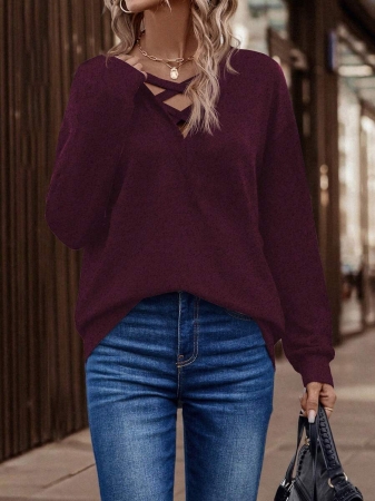 SHEIN LUNE Women's Contrast Color Crossed Neckline Drop Shoulder Long Sleeve Casual Sweatshirt Fall Cloth For Women - Image 34