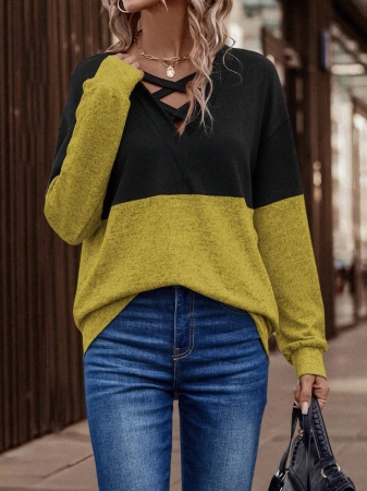 SHEIN LUNE Women's Contrast Color Crossed Neckline Drop Shoulder Long Sleeve Casual Sweatshirt Fall Cloth For Women - Image 38