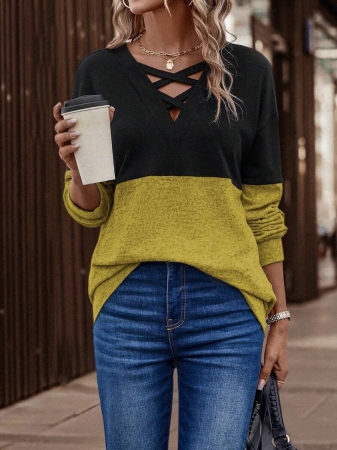 SHEIN LUNE Women's Contrast Color Crossed Neckline Drop Shoulder Long Sleeve Casual Sweatshirt Fall Cloth For Women - Image 41