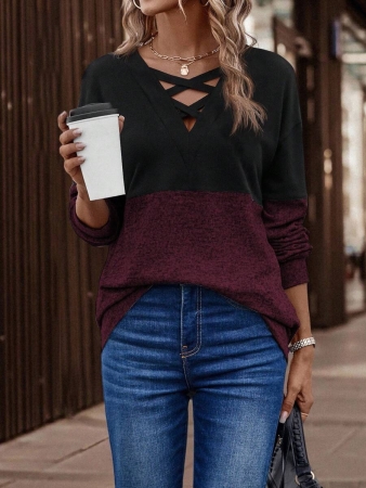 SHEIN LUNE Women's Contrast Color Crossed Neckline Drop Shoulder Long Sleeve Casual Sweatshirt Fall Cloth For Women - Image 45