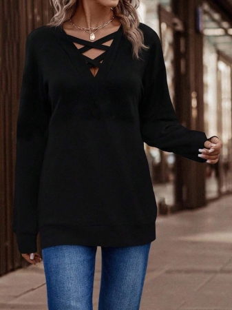 SHEIN LUNE Women's Contrast Color Crossed Neckline Drop Shoulder Long Sleeve Casual Sweatshirt Fall Cloth For Women - Image 53