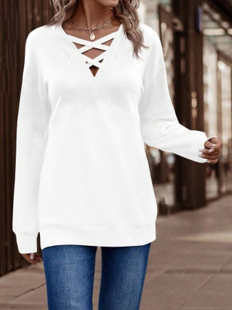 SHEIN LUNE Women's Contrast Color Crossed Neckline Drop Shoulder Long Sleeve Casual Sweatshirt Fall Cloth For Women - Image 62