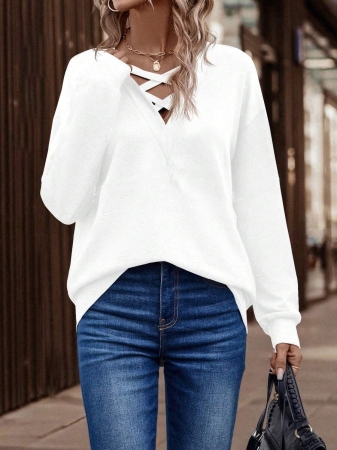 SHEIN LUNE Women's Contrast Color Crossed Neckline Drop Shoulder Long Sleeve Casual Sweatshirt Fall Cloth For Women - Image 63