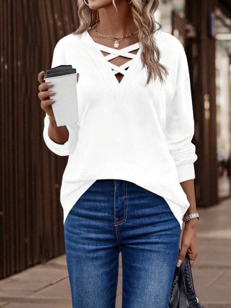 SHEIN LUNE Women's Contrast Color Crossed Neckline Drop Shoulder Long Sleeve Casual Sweatshirt Fall Cloth For Women - Image 65