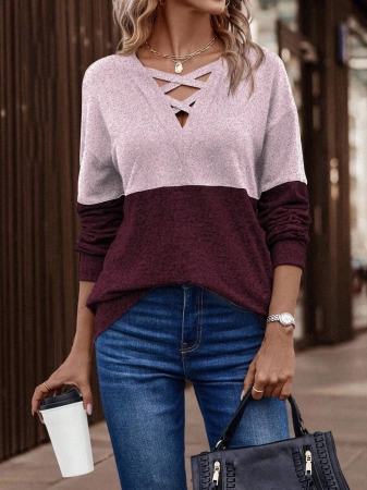 SHEIN LUNE Women's Contrast Color Crossed Neckline Drop Shoulder Long Sleeve Casual Sweatshirt Fall Cloth For Women - Image 72