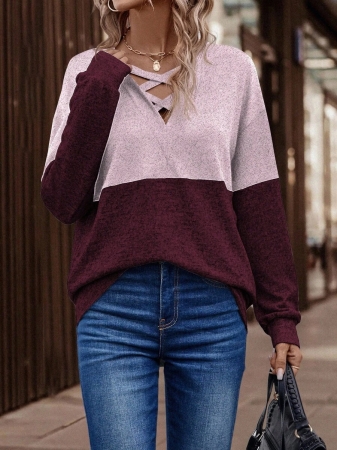 SHEIN LUNE Women's Contrast Color Crossed Neckline Drop Shoulder Long Sleeve Casual Sweatshirt Fall Cloth For Women - Image 74