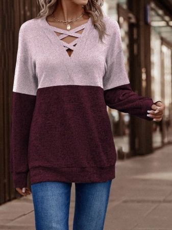 SHEIN LUNE Women's Contrast Color Crossed Neckline Drop Shoulder Long Sleeve Casual Sweatshirt Fall Cloth For Women - Image 75