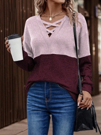SHEIN LUNE Women's Contrast Color Crossed Neckline Drop Shoulder Long Sleeve Casual Sweatshirt Fall Cloth For Women - Image 76