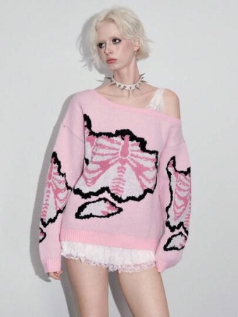 ROMWE Avant Women's Y2K Oblique Collar Lace Decor 2 In 1 Skeleton Jacquard Knit Sweater