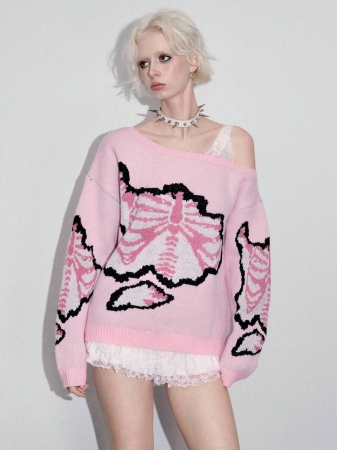 ROMWE Avant Women's Y2K Oblique Collar Lace Decor 2 In 1 Skeleton Jacquard Knit Sweater - Image 2