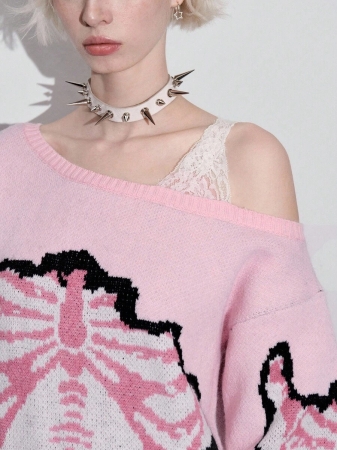 ROMWE Avant Women's Y2K Oblique Collar Lace Decor 2 In 1 Skeleton Jacquard Knit Sweater - Image 3