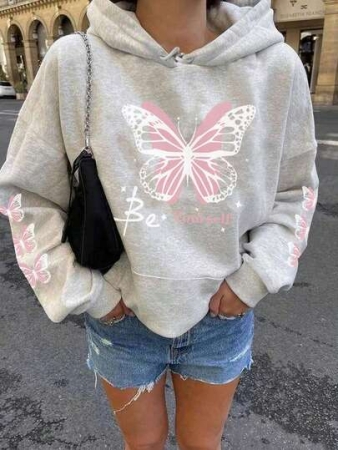 Women's Autumn/Winter New Simple Ins Dreamy Girl Sweet Butterfly Print Casual Everyday Versatile Hoodie Sweatshirt