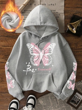Women's Autumn/Winter New Simple Ins Dreamy Girl Sweet Butterfly Print Casual Everyday Versatile Hoodie Sweatshirt - Image 3