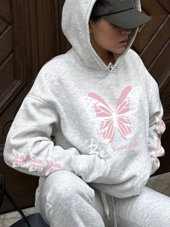 Women's Autumn/Winter New Simple Ins Dreamy Girl Sweet Butterfly Print Casual Everyday Versatile Hoodie Sweatshirt - Image 9