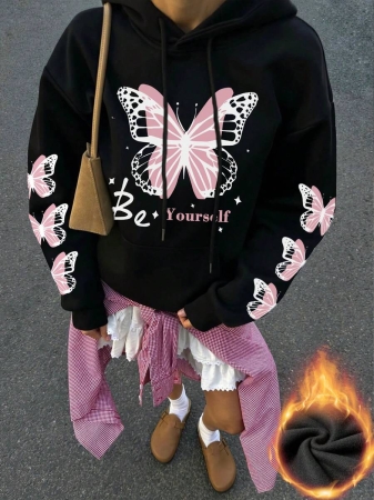 Women's Autumn/Winter New Simple Ins Dreamy Girl Sweet Butterfly Print Casual Everyday Versatile Hoodie Sweatshirt - Image 10