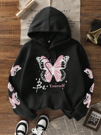 Women's Autumn/Winter New Simple Ins Dreamy Girl Sweet Butterfly Print Casual Everyday Versatile Hoodie Sweatshirt - Image 11