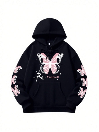 Women's Autumn/Winter New Simple Ins Dreamy Girl Sweet Butterfly Print Casual Everyday Versatile Hoodie Sweatshirt - Image 13
