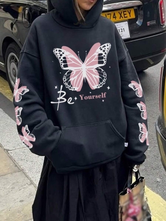 Women's Autumn/Winter New Simple Ins Dreamy Girl Sweet Butterfly Print Casual Everyday Versatile Hoodie Sweatshirt - Image 16