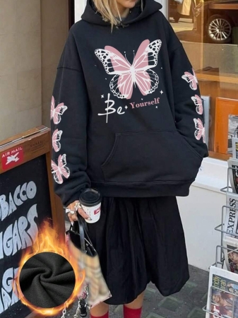 Women's Autumn/Winter New Simple Ins Dreamy Girl Sweet Butterfly Print Casual Everyday Versatile Hoodie Sweatshirt - Image 17