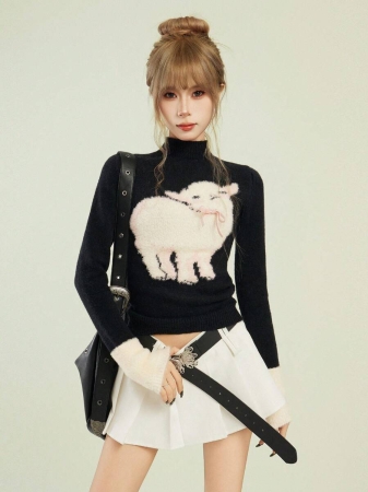 Black High Neck Long Sleeve Knit Sweater For Women, Cute Sheep Design, Turtleneck Pullover, Autumn Winter,Long Sleeve Tops - Image 2