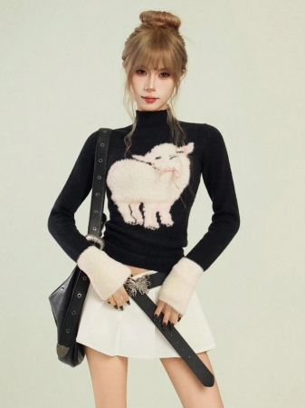 Black High Neck Long Sleeve Knit Sweater For Women, Cute Sheep Design, Turtleneck Pullover, Autumn Winter,Long Sleeve Tops - Image 3