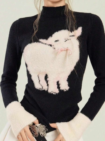 Black High Neck Long Sleeve Knit Sweater For Women, Cute Sheep Design, Turtleneck Pullover, Autumn Winter,Long Sleeve Tops - Image 4