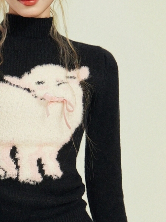 Black High Neck Long Sleeve Knit Sweater For Women, Cute Sheep Design, Turtleneck Pullover, Autumn Winter,Long Sleeve Tops - Image 6
