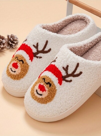 Christmas Style Pattern Fuzzy Slippers For Women And Men, Winter Warm Closed Toe Flat Floor Shoes, Cozy Soft Sole Home Slippers